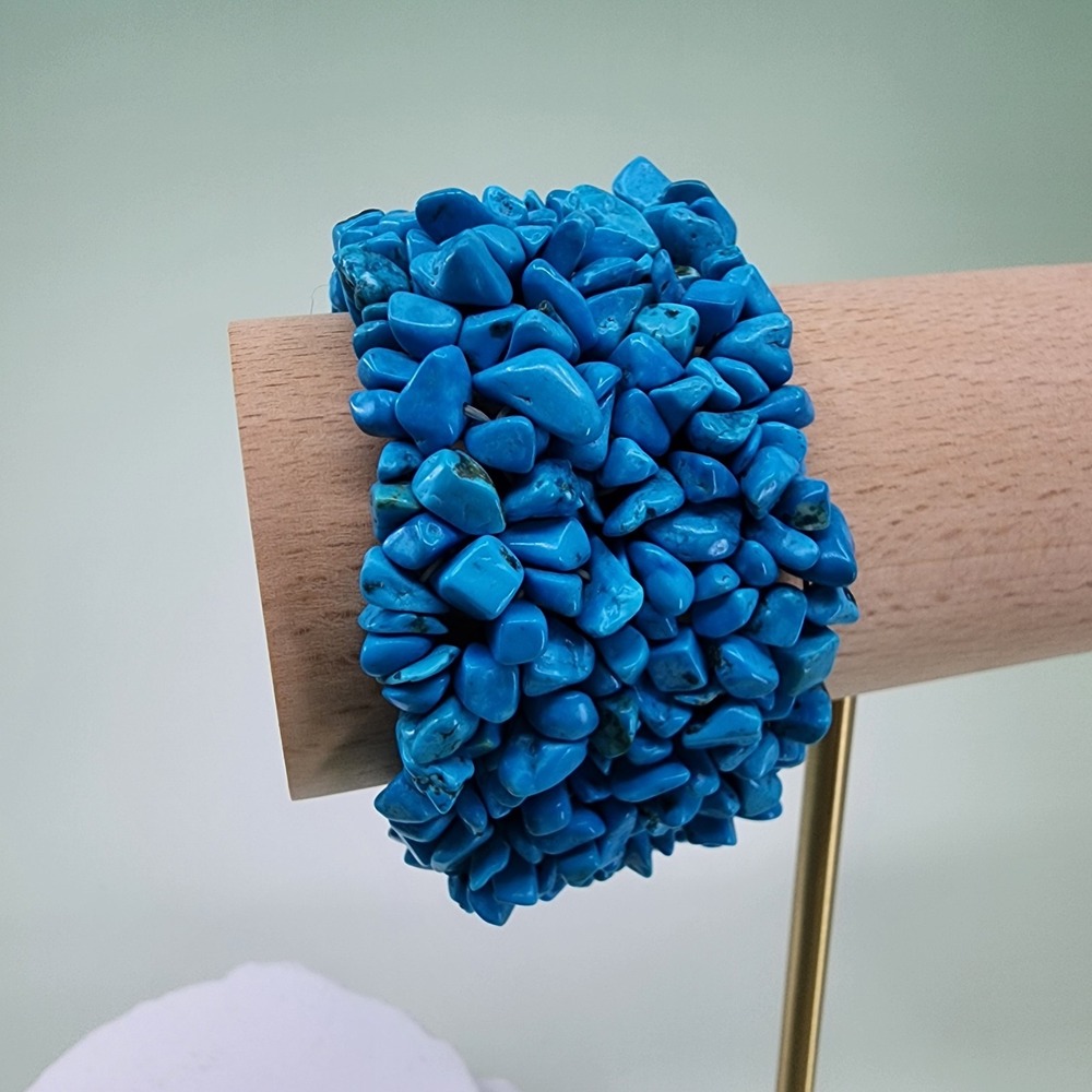 Blue Turquoise Color Stone Chip Bracelet Wide Chunky Boho Southwestern Stretch